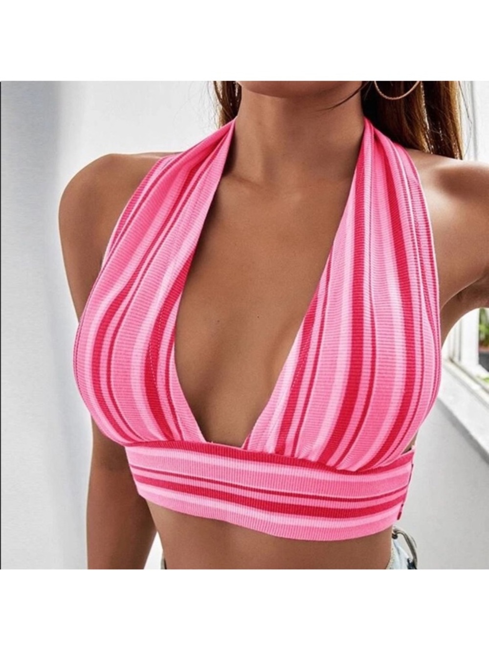 Pink Striped Halter Crop Top